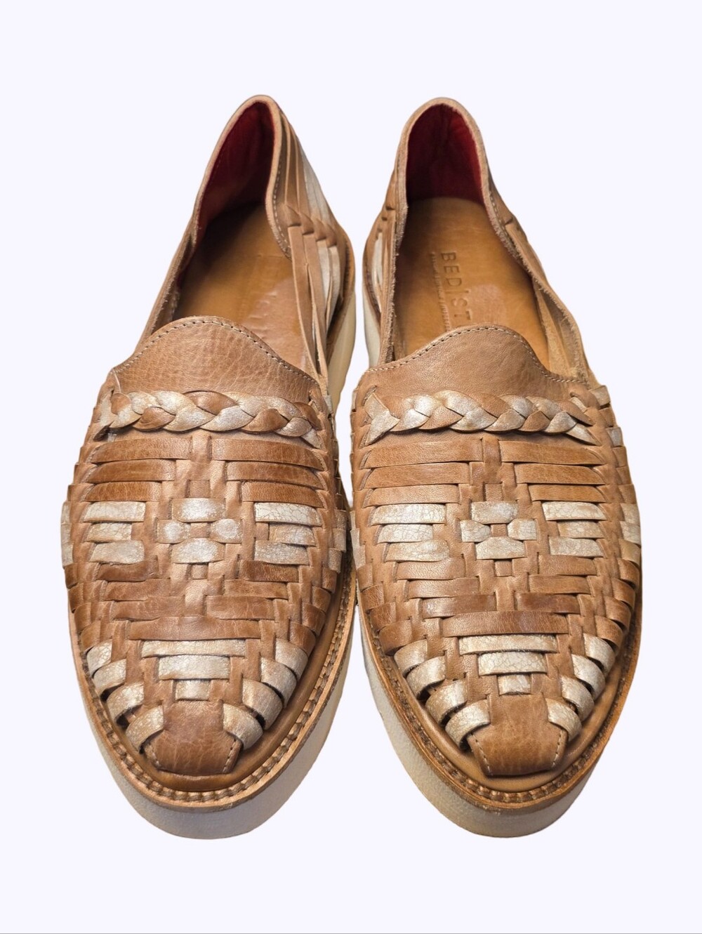 Bed Stu Lita Tan Silver Metallic Woven Leather Platform Huarache Loafers Womens - Picture 3 of 11